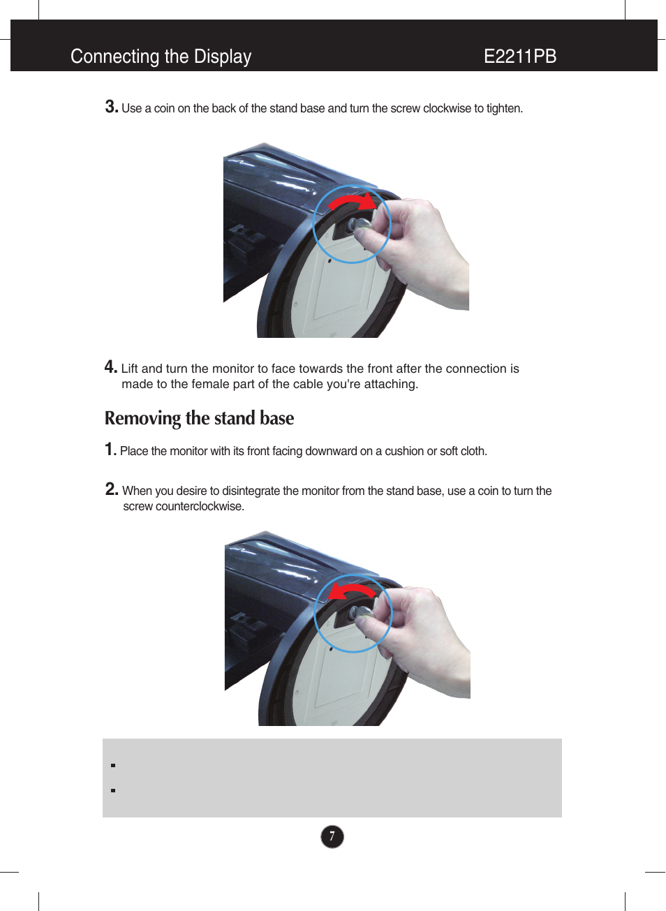 Connecting the display e2211pb, Removing the stand base | LG E2411PB-BN User Manual | Page 9 / 36