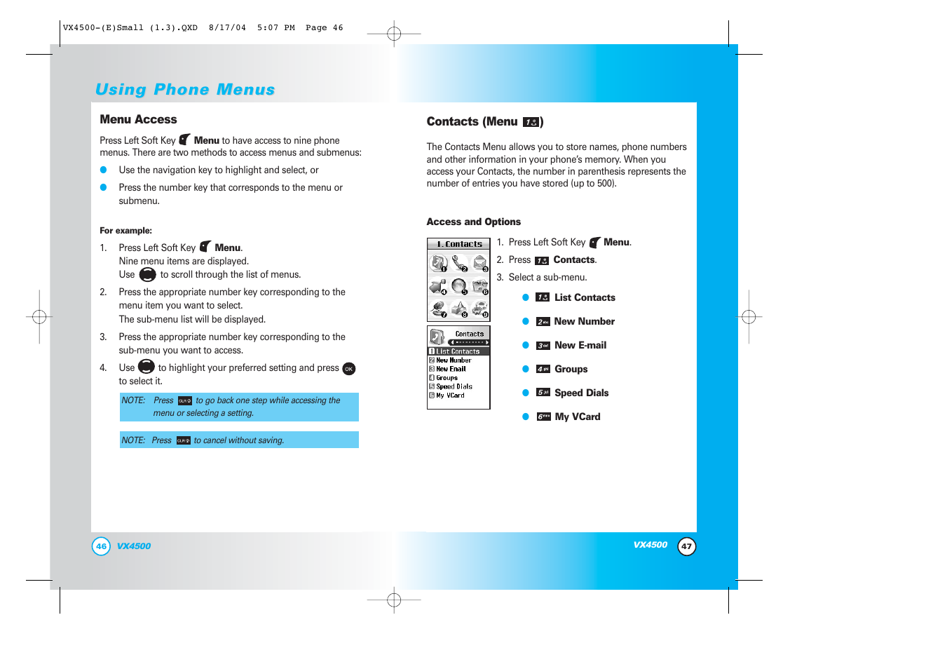 Using phone menus | LG LGVX4500 User Manual | Page 25 / 71