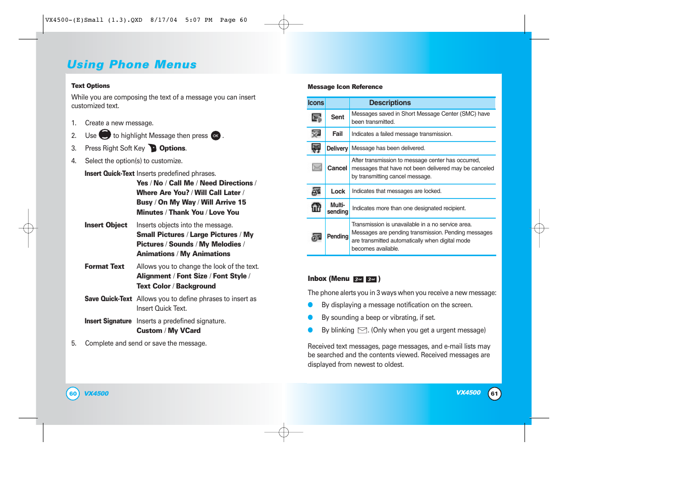 Using phone menus | LG LGVX4500 User Manual | Page 32 / 71