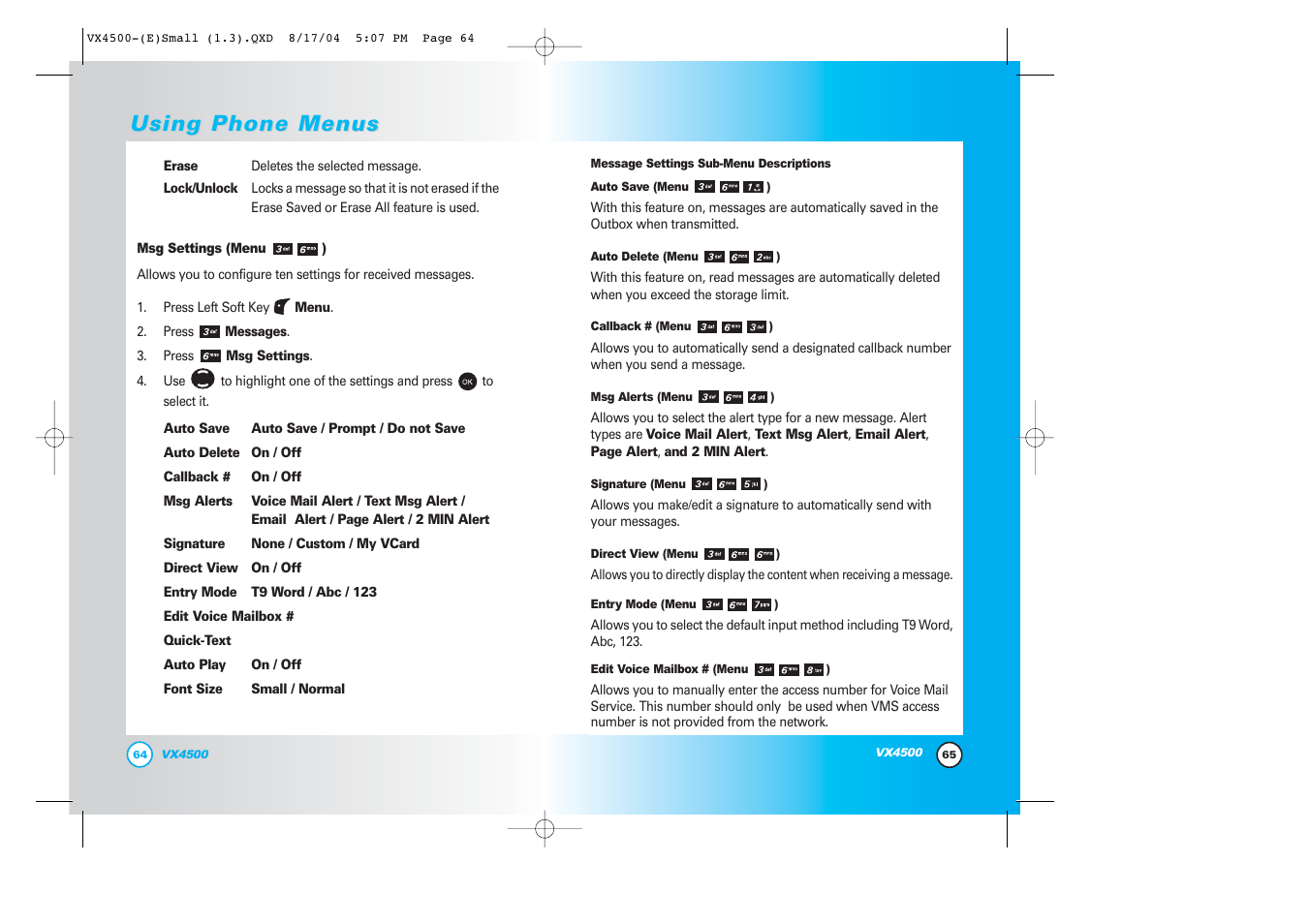 Using phone menus | LG LGVX4500 User Manual | Page 34 / 71