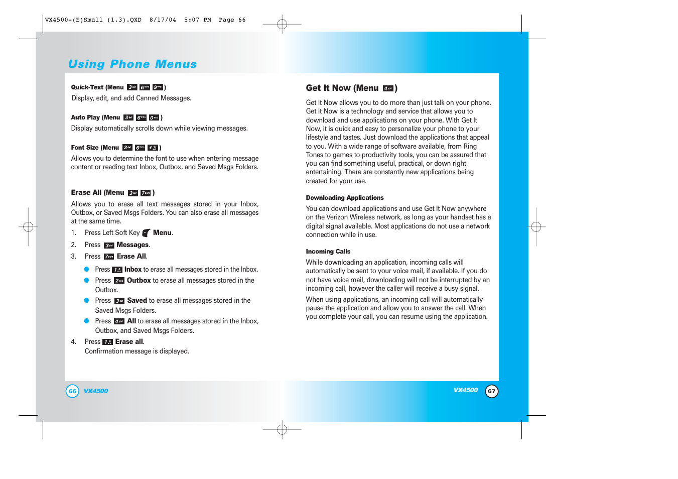 Using phone menus | LG LGVX4500 User Manual | Page 35 / 71