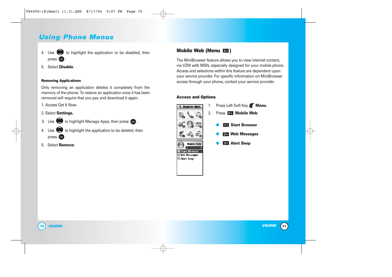 Using phone menus | LG LGVX4500 User Manual | Page 37 / 71