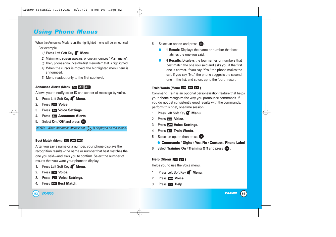 Using phone menus | LG LGVX4500 User Manual | Page 43 / 71