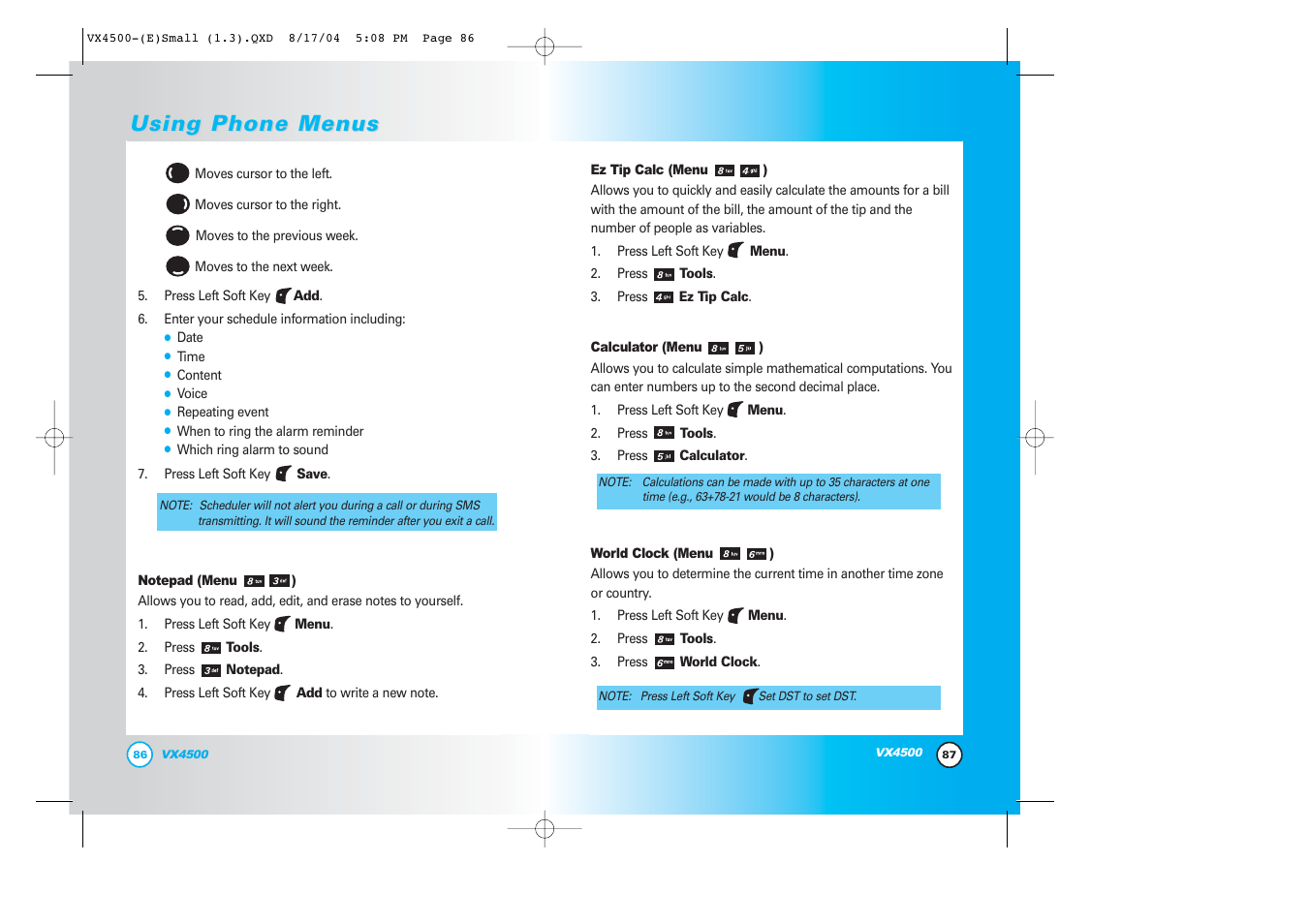 Using phone menus | LG LGVX4500 User Manual | Page 45 / 71