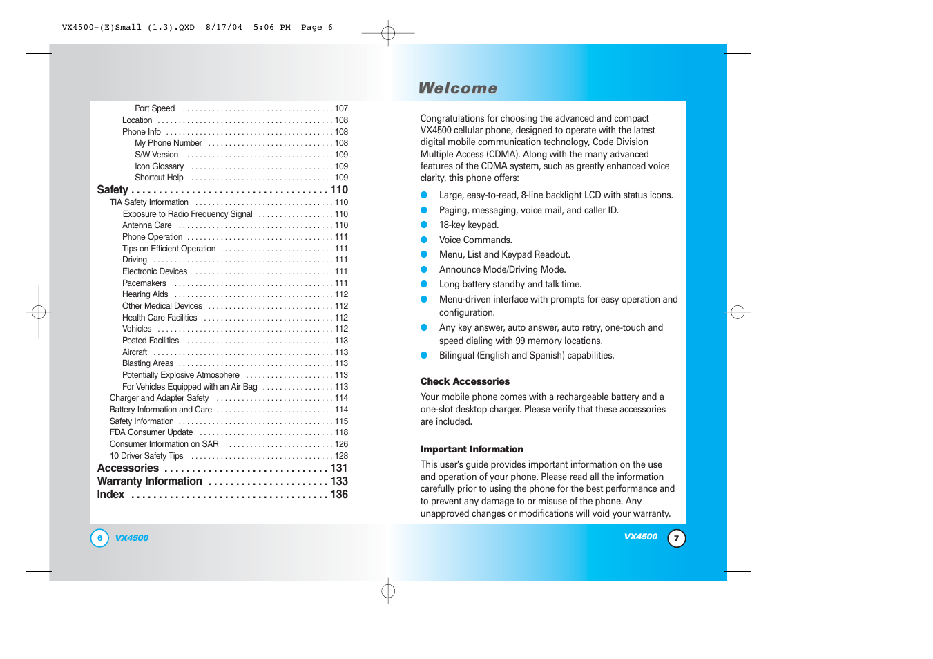 Welcome elcome | LG LGVX4500 User Manual | Page 5 / 71