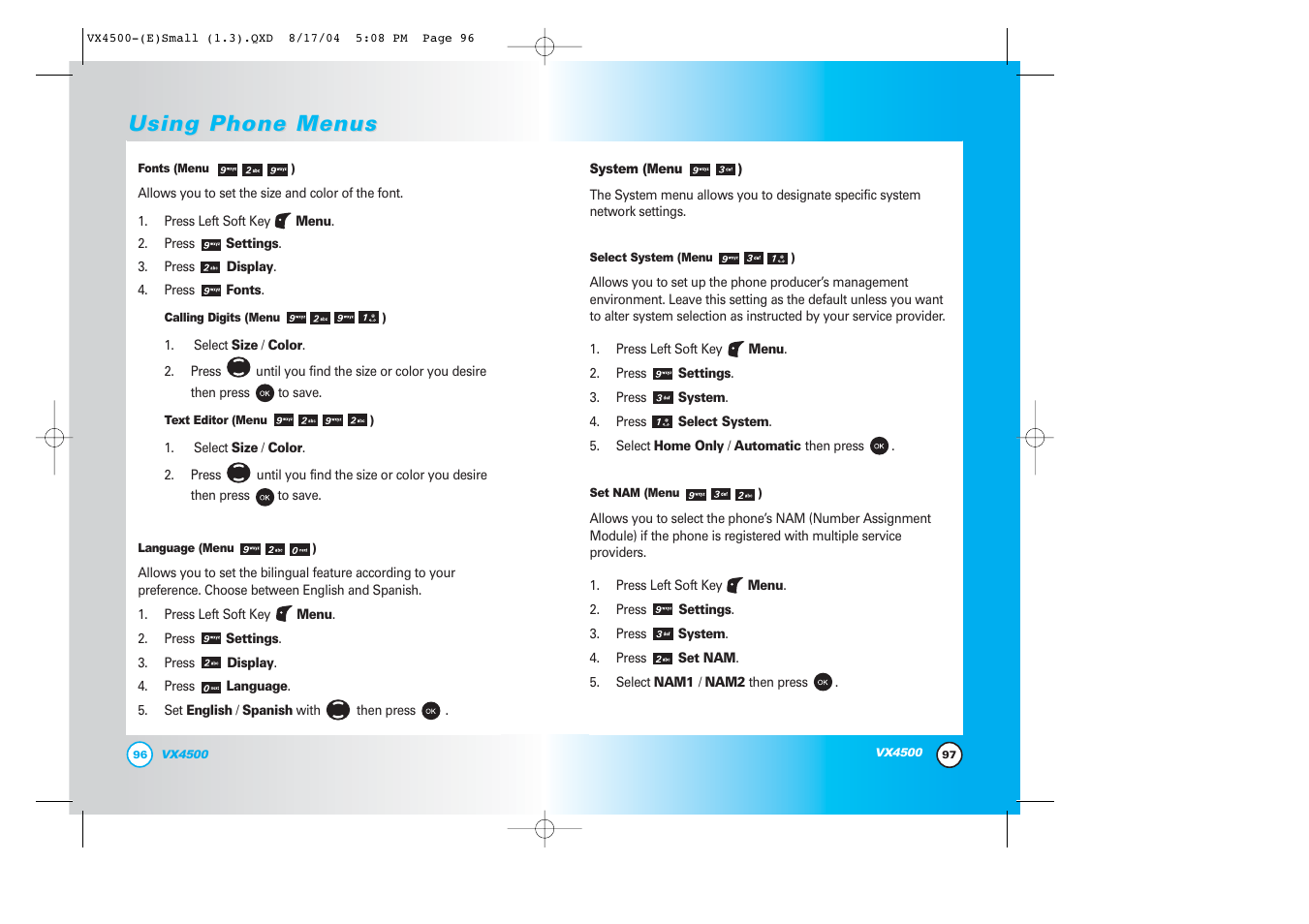 Using phone menus | LG LGVX4500 User Manual | Page 50 / 71