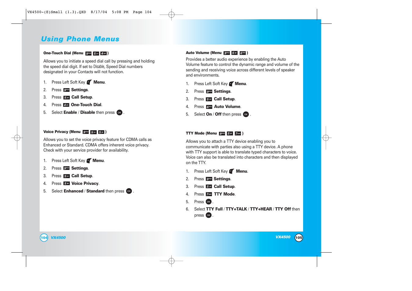 Using phone menus | LG LGVX4500 User Manual | Page 54 / 71