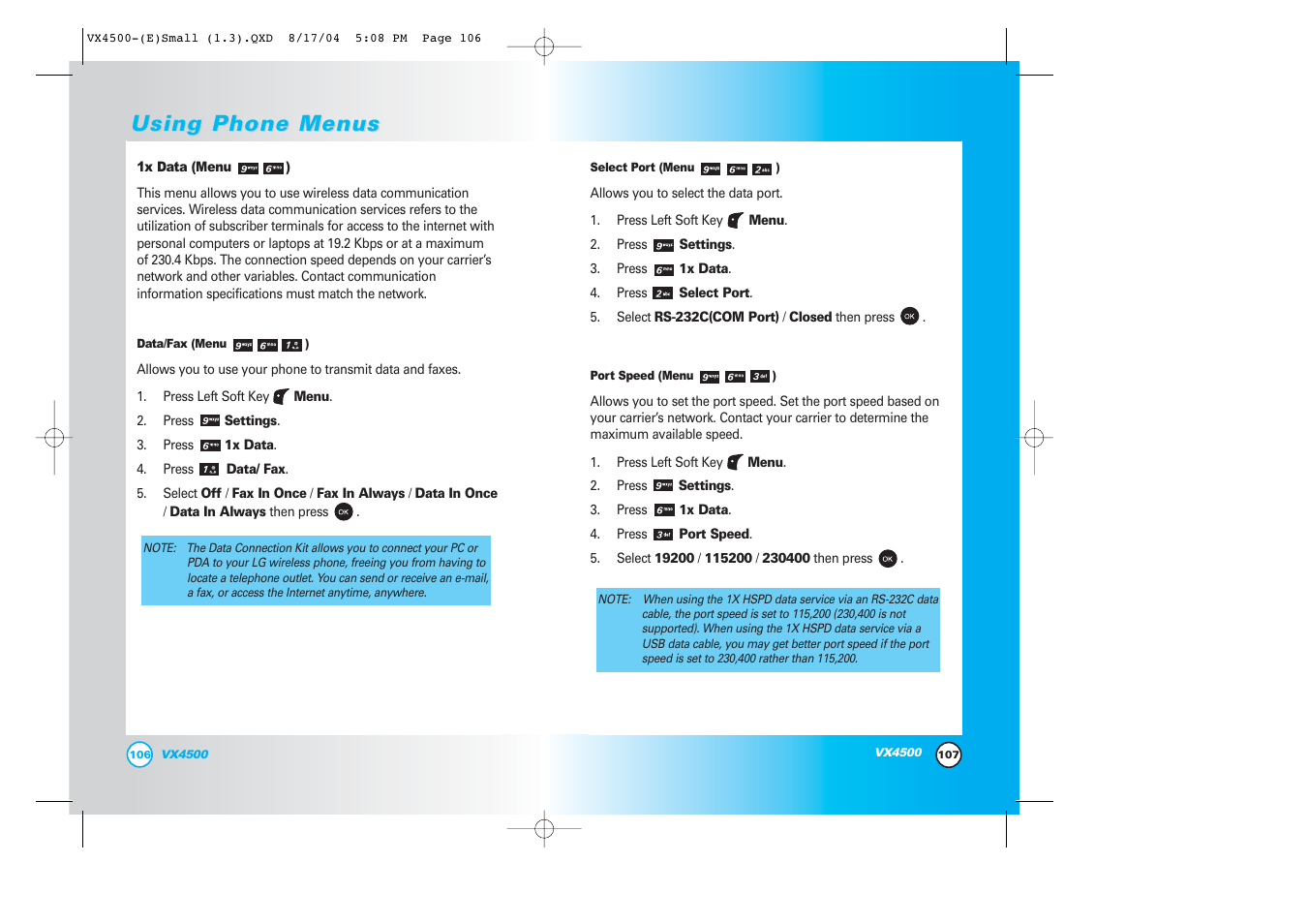 Using phone menus | LG LGVX4500 User Manual | Page 55 / 71