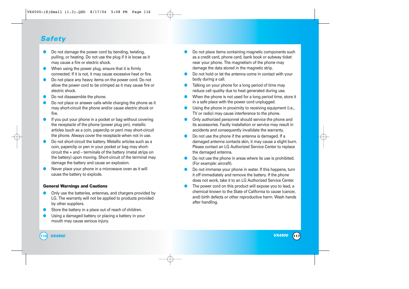 Safety | LG LGVX4500 User Manual | Page 60 / 71