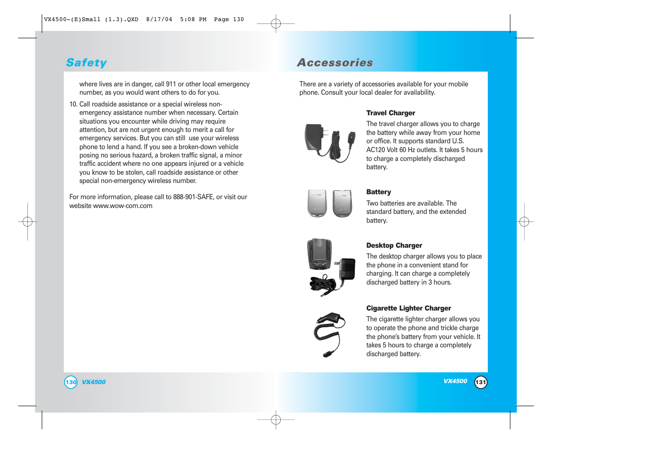 Accessories, Safety | LG LGVX4500 User Manual | Page 67 / 71