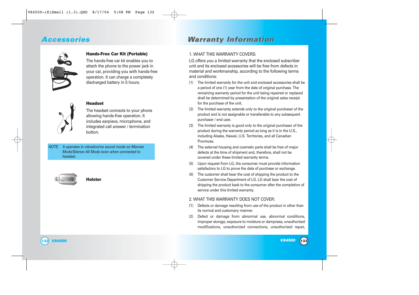 War ar ranty infor ranty infor mation mation, Accessories | LG LGVX4500 User Manual | Page 68 / 71