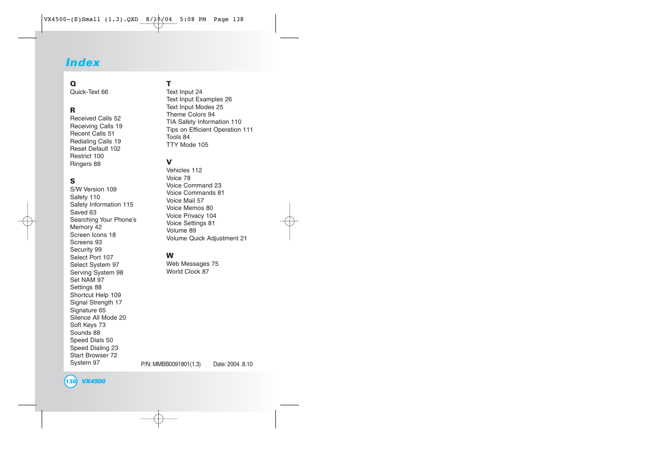 Index | LG LGVX4500 User Manual | Page 71 / 71