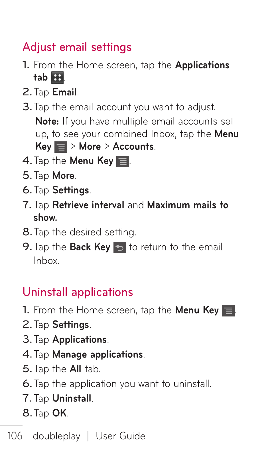 Adjust email settings, Uninstall applications | LG C729 User Manual | Page 106 / 412