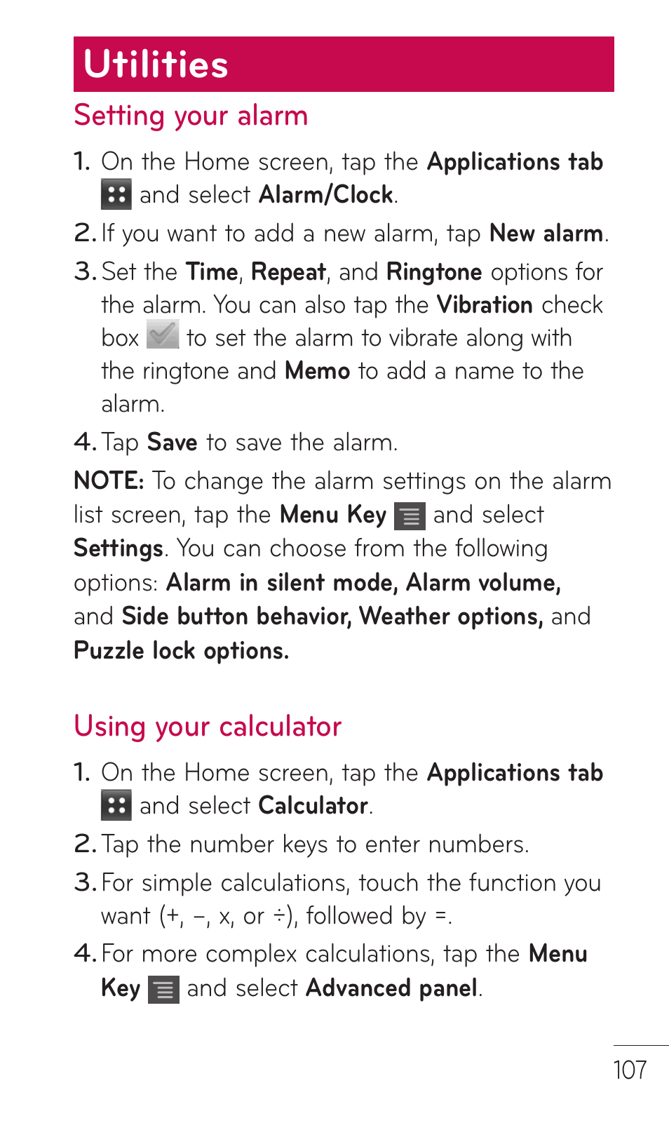 Utilities, Setting your alarm, Using your calculator | LG C729 User Manual | Page 107 / 412