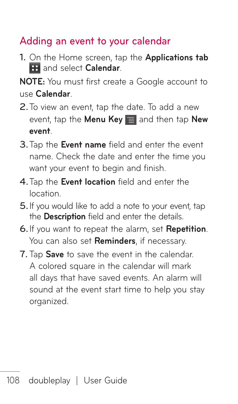 Adding an event to your calendar | LG C729 User Manual | Page 108 / 412