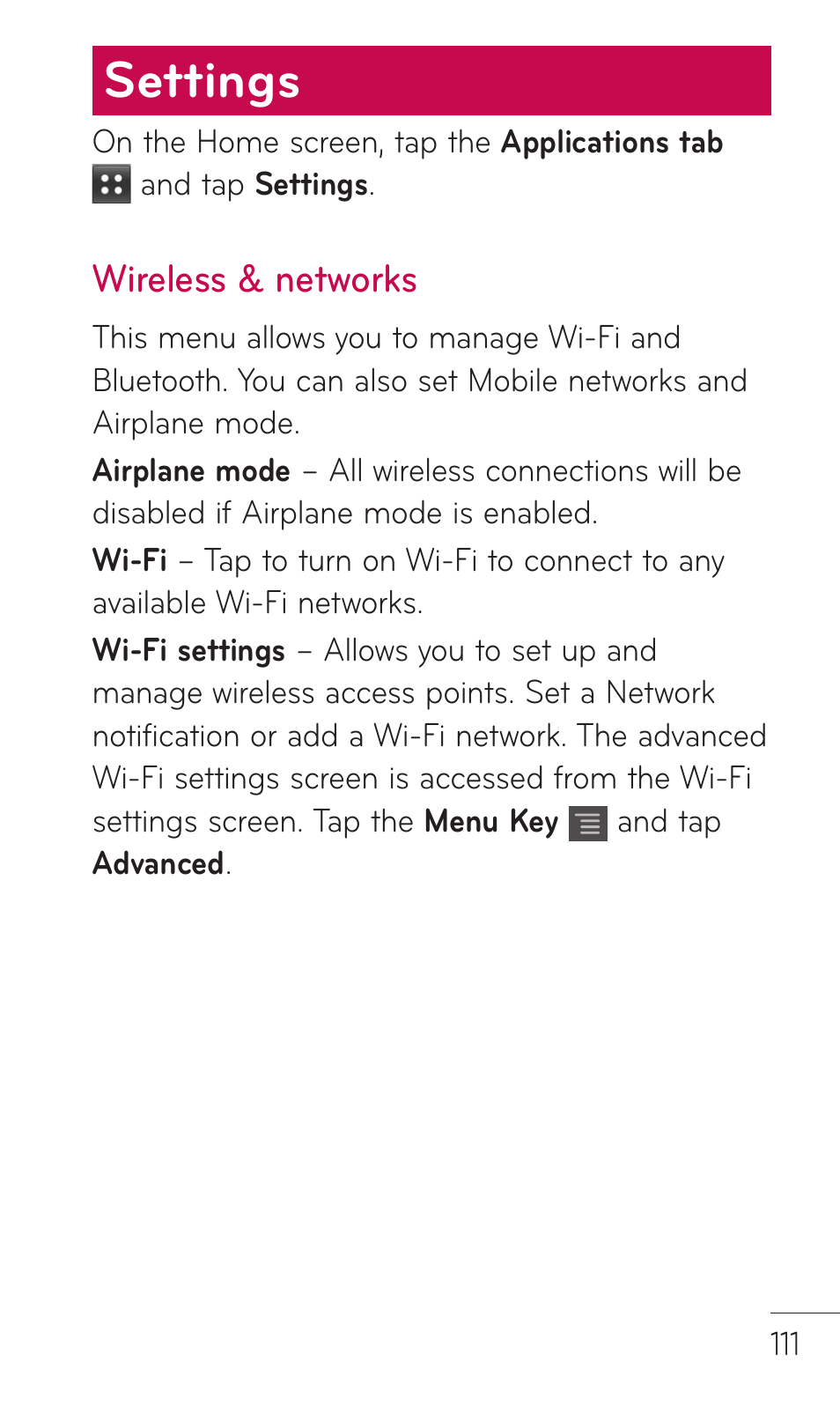 Settings, Wireless & networks | LG C729 User Manual | Page 111 / 412