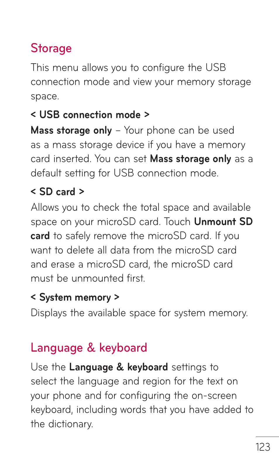 Storage, Language & keyboard | LG C729 User Manual | Page 123 / 412