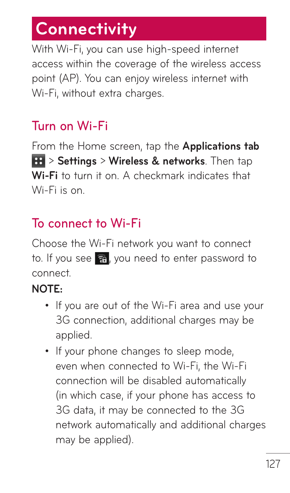 Connectivity, Turn on wi-fi, To connect to wi-fi | LG C729 User Manual | Page 127 / 412