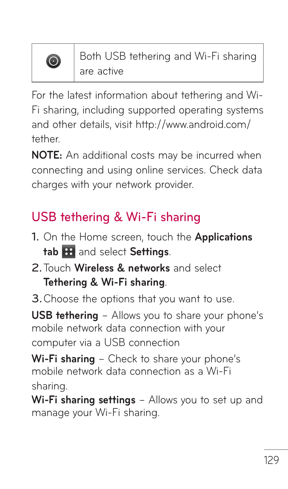 Usb tethering & wi-fi sharing | LG C729 User Manual | Page 129 / 412