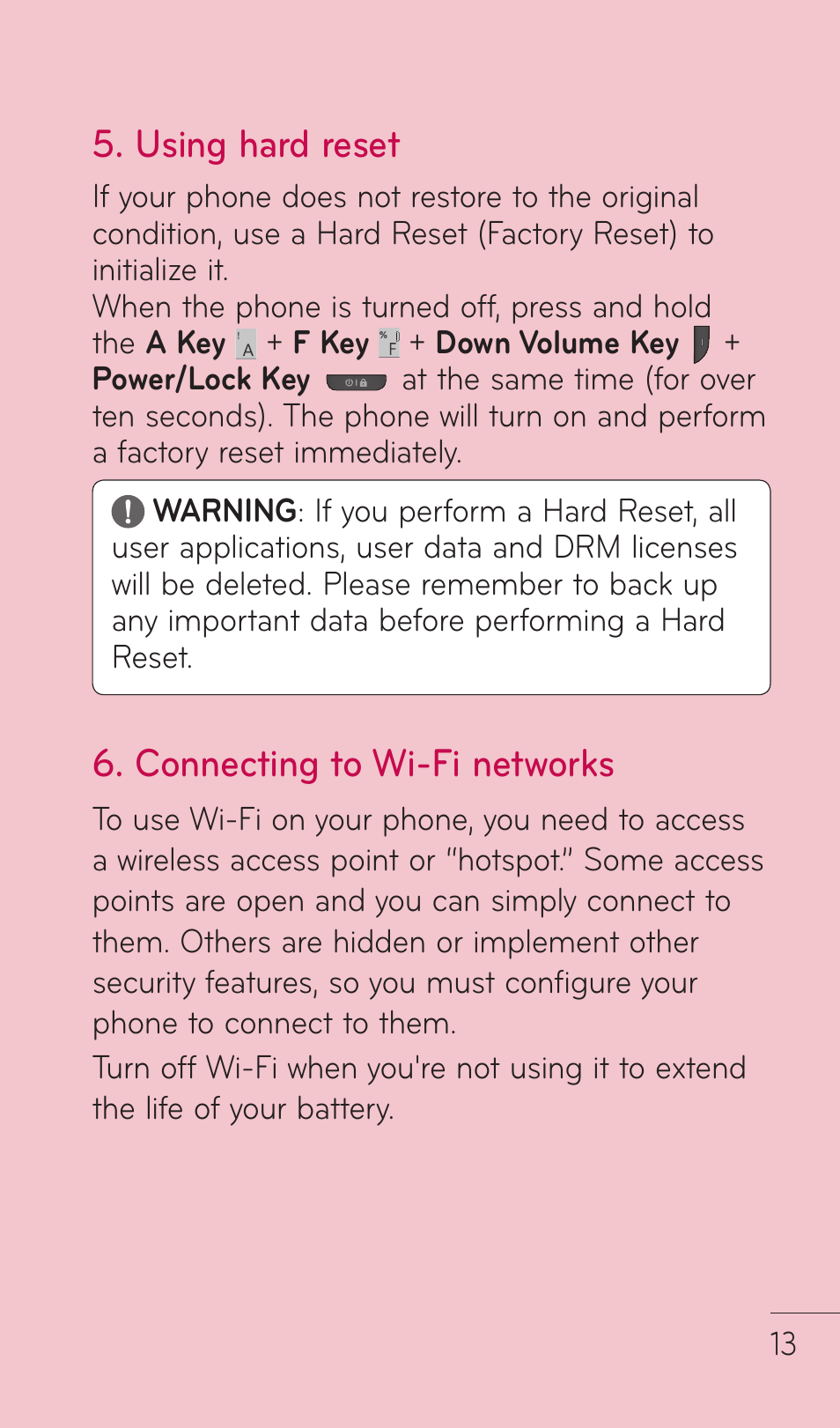 Using hard reset, Connecting to wi-fi networks | LG C729 User Manual | Page 13 / 412