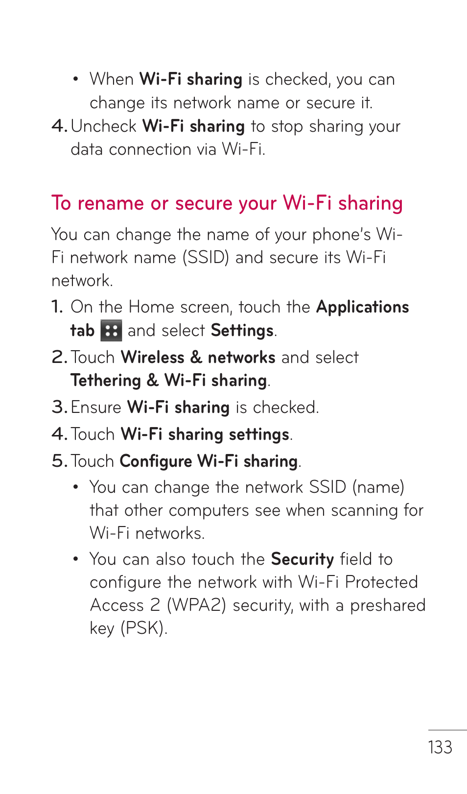 To rename or secure your wi-fi sharing | LG C729 User Manual | Page 133 / 412