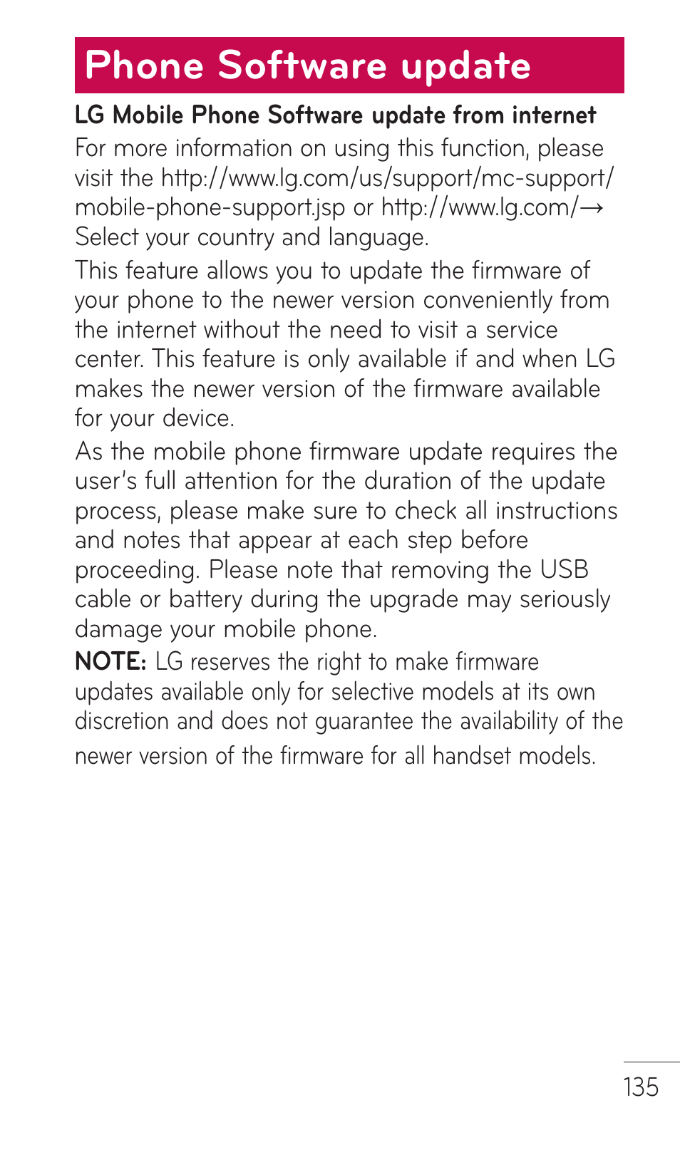 Phone software update | LG C729 User Manual | Page 135 / 412