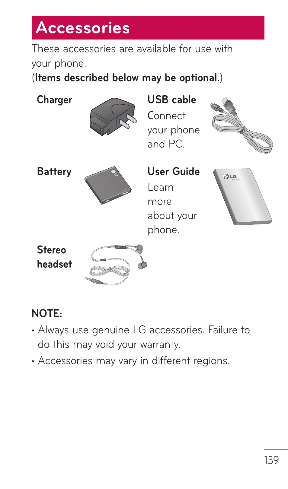 Accessories | LG C729 User Manual | Page 139 / 412