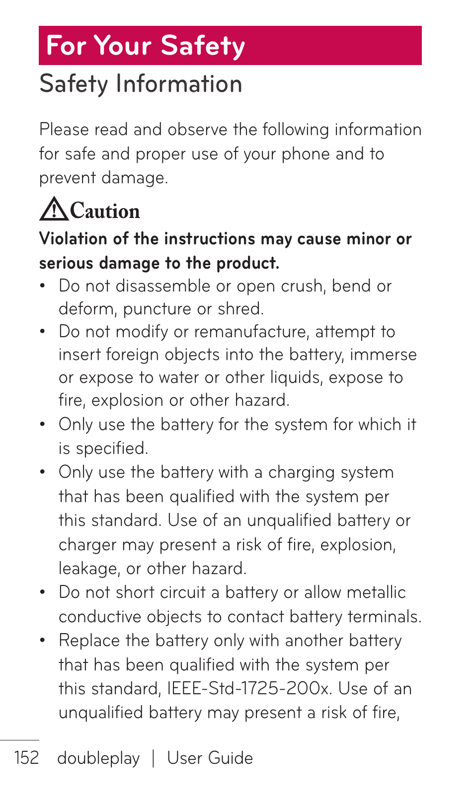 For your safety, Safety information | LG C729 User Manual | Page 152 / 412