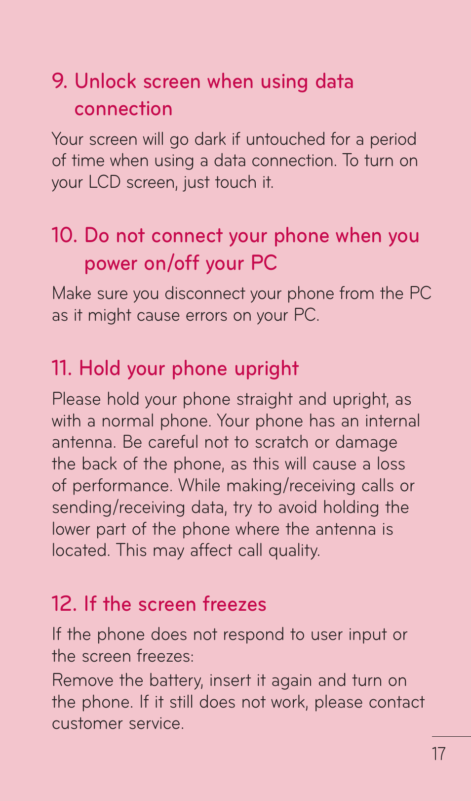 Unlock screen when using data connection, Hold your phone upright, If the screen freezes | LG C729 User Manual | Page 17 / 412