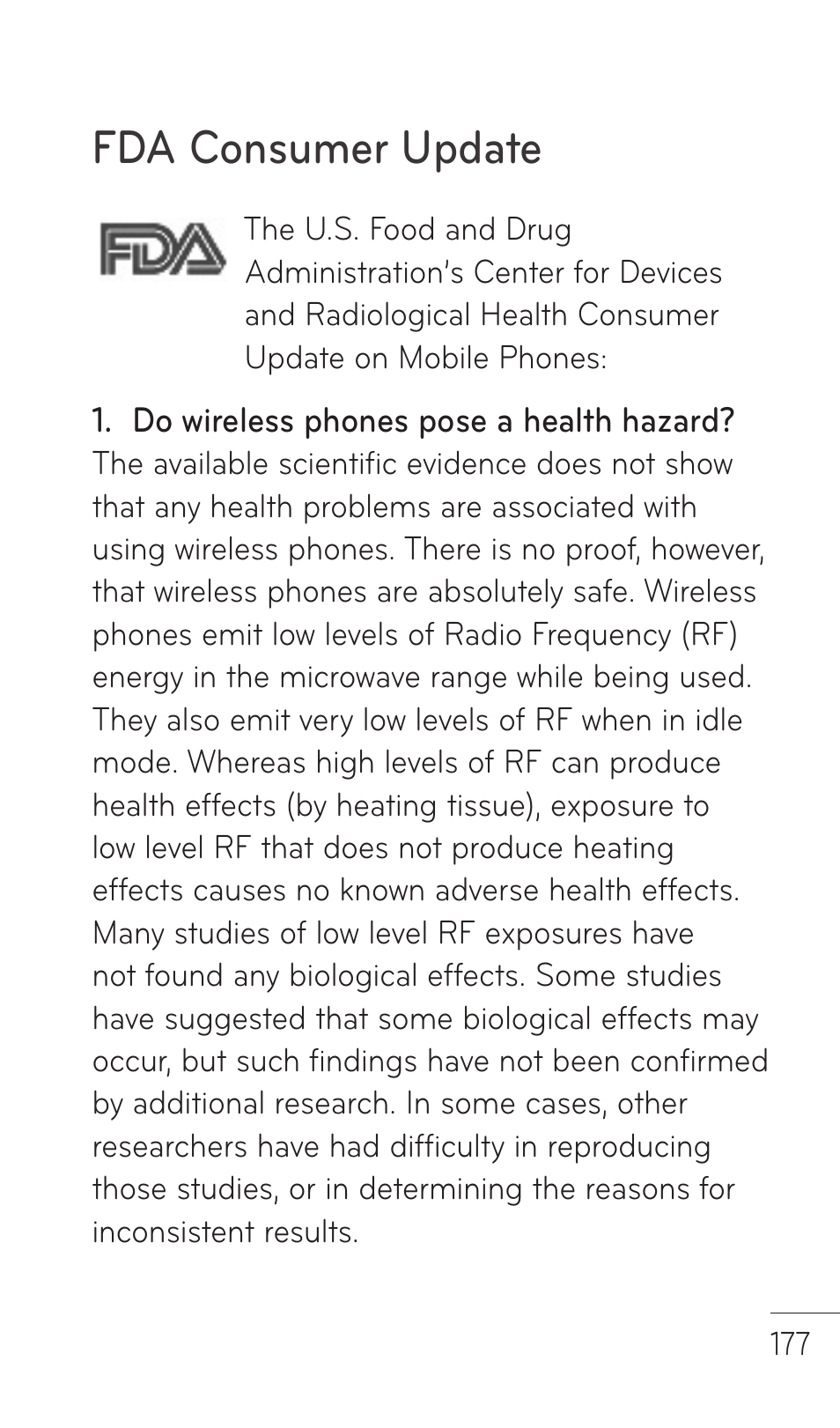 Fda consumer update | LG C729 User Manual | Page 177 / 412