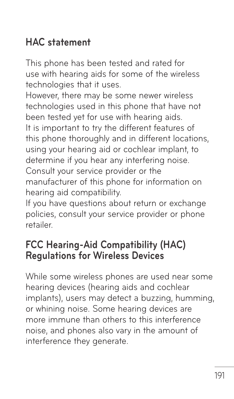 Hac statement | LG C729 User Manual | Page 191 / 412