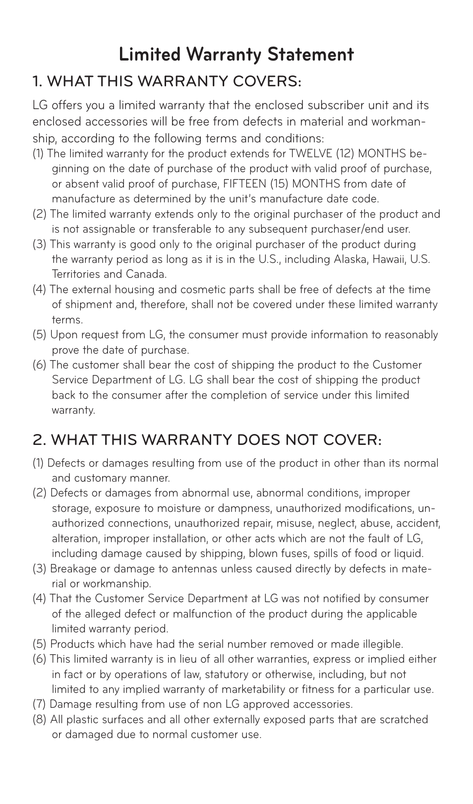 Limited warranty statement, What this warranty covers, What this warranty does not cover | LG C729 User Manual | Page 195 / 412