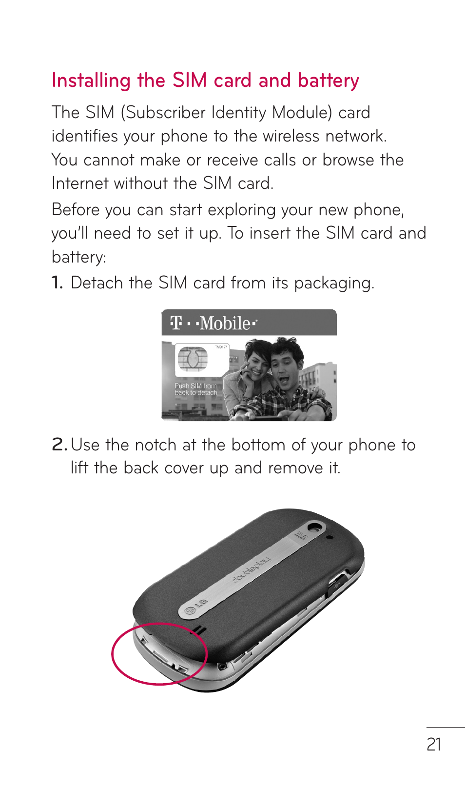 Installing the sim card and batte, Installing the sim card and battery | LG C729 User Manual | Page 21 / 412