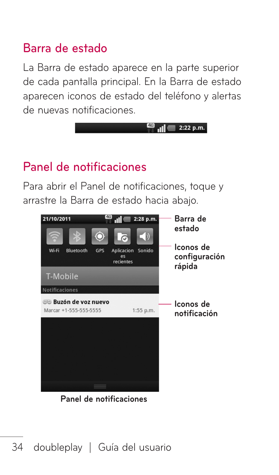 Barra de estado, Panel de notificaciones | LG C729 User Manual | Page 230 / 412