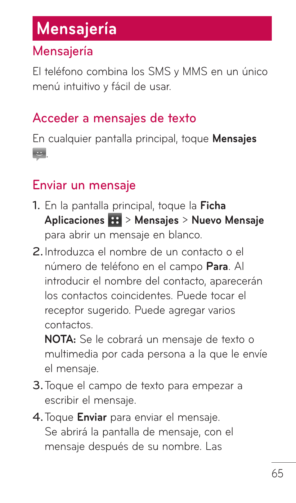 Mensajería, Acceder a mensajes de texto, Enviar un mensaje | LG C729 User Manual | Page 261 / 412