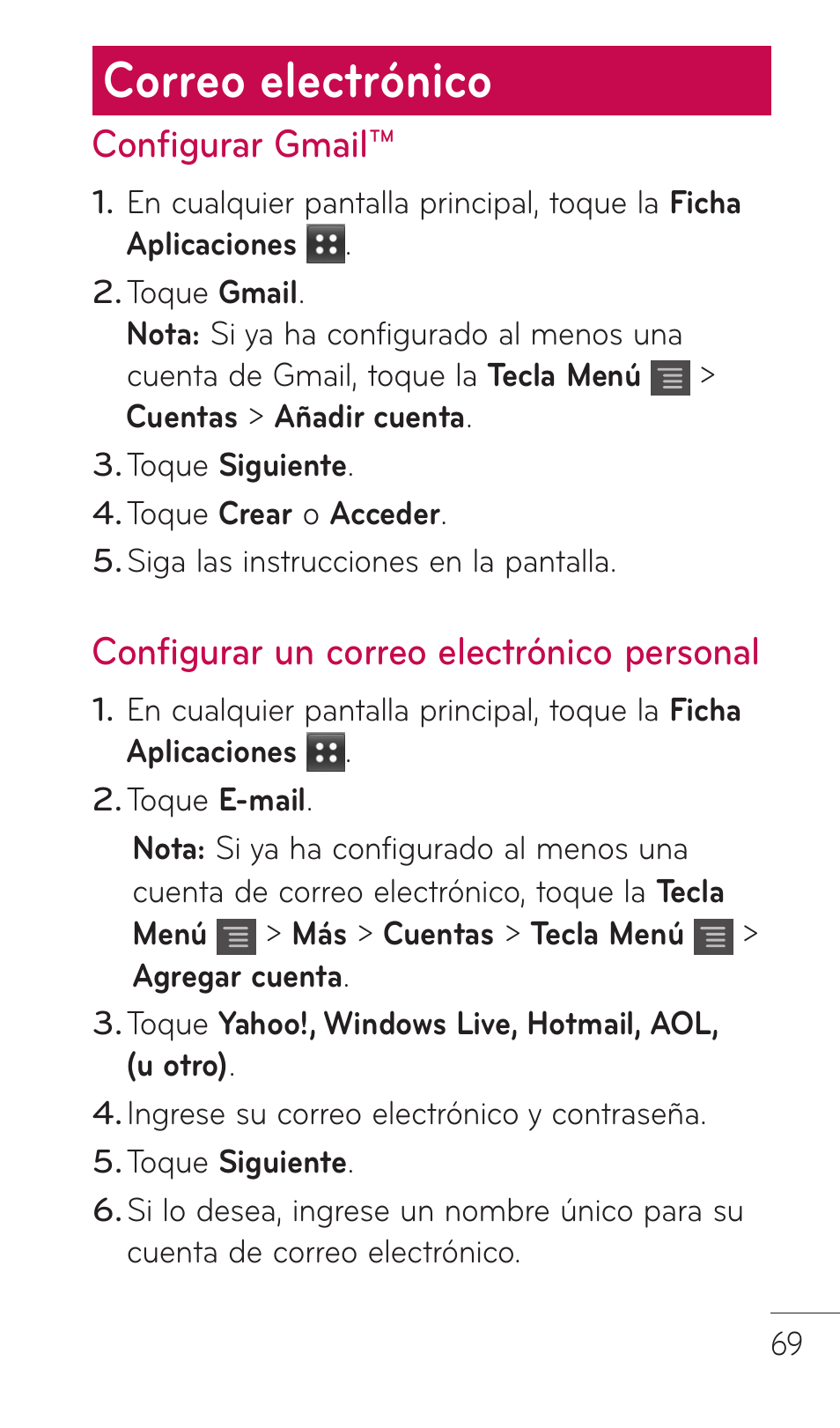 Correo electrónico, Configurar gmail, Configurar un correo electrónico personal | LG C729 User Manual | Page 265 / 412