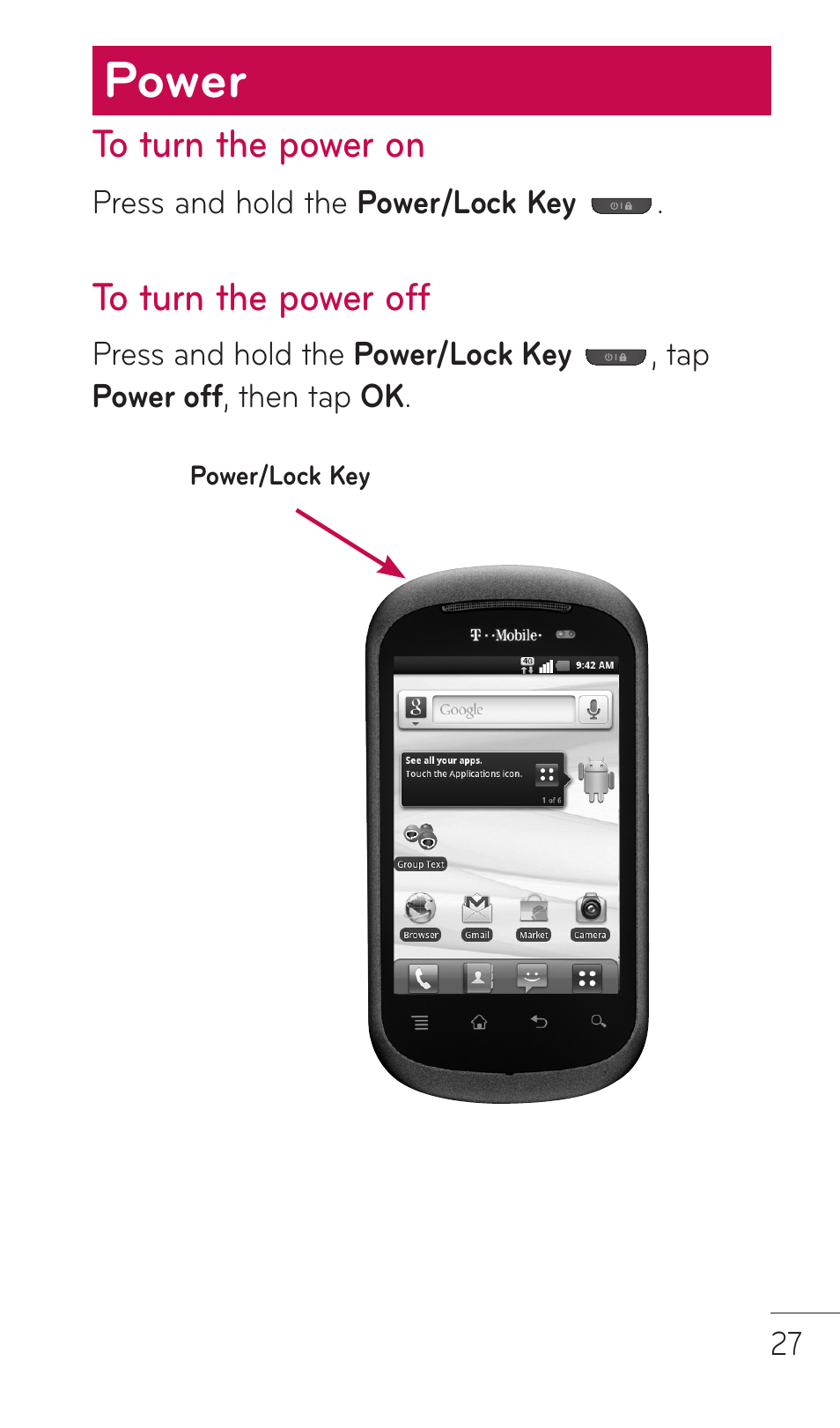 Power, To turn the power on, To turn the power off | LG C729 User Manual | Page 27 / 412