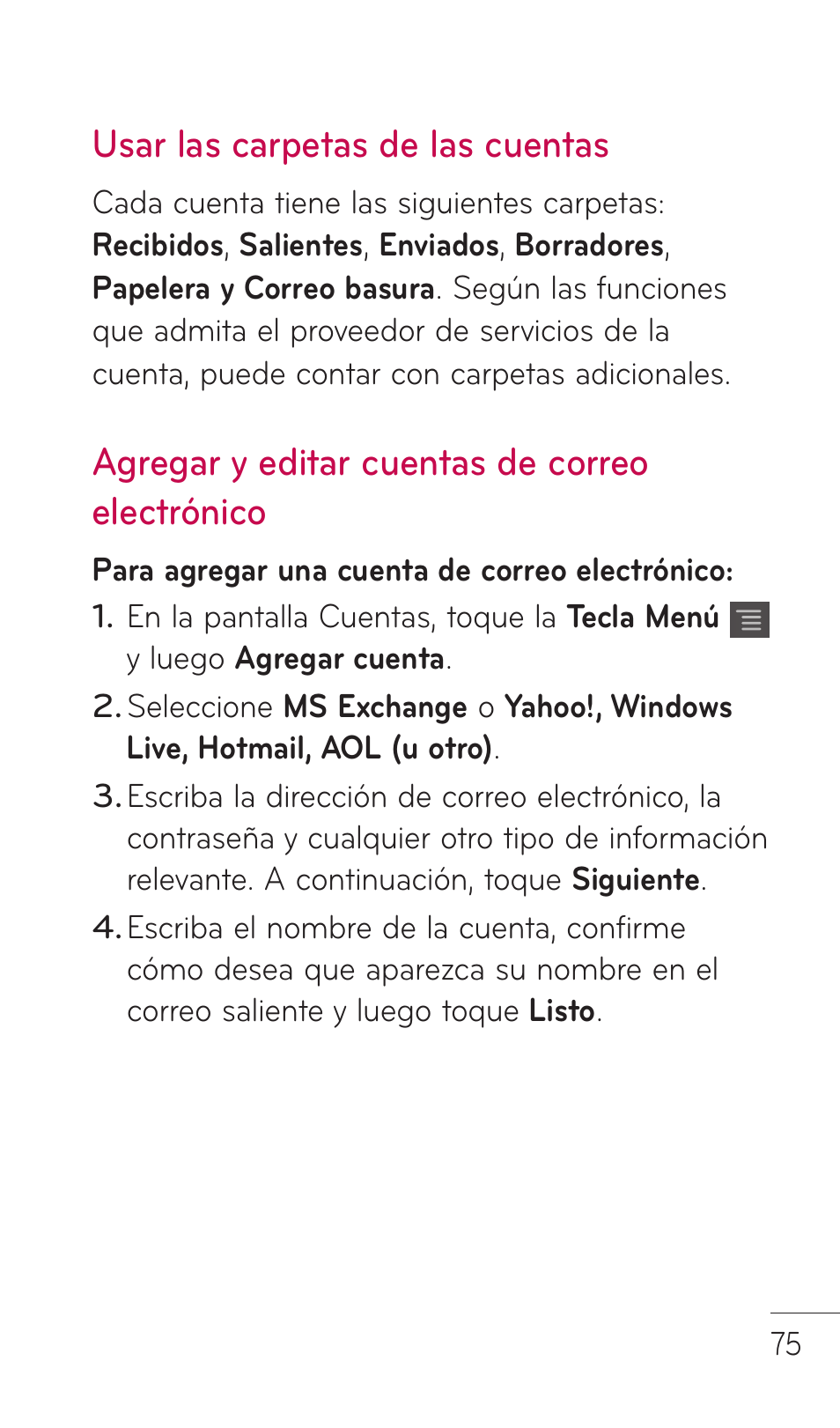 Usar las carpetas de las cuentas, Agregar y editar cuentas de correo electrónico | LG C729 User Manual | Page 271 / 412