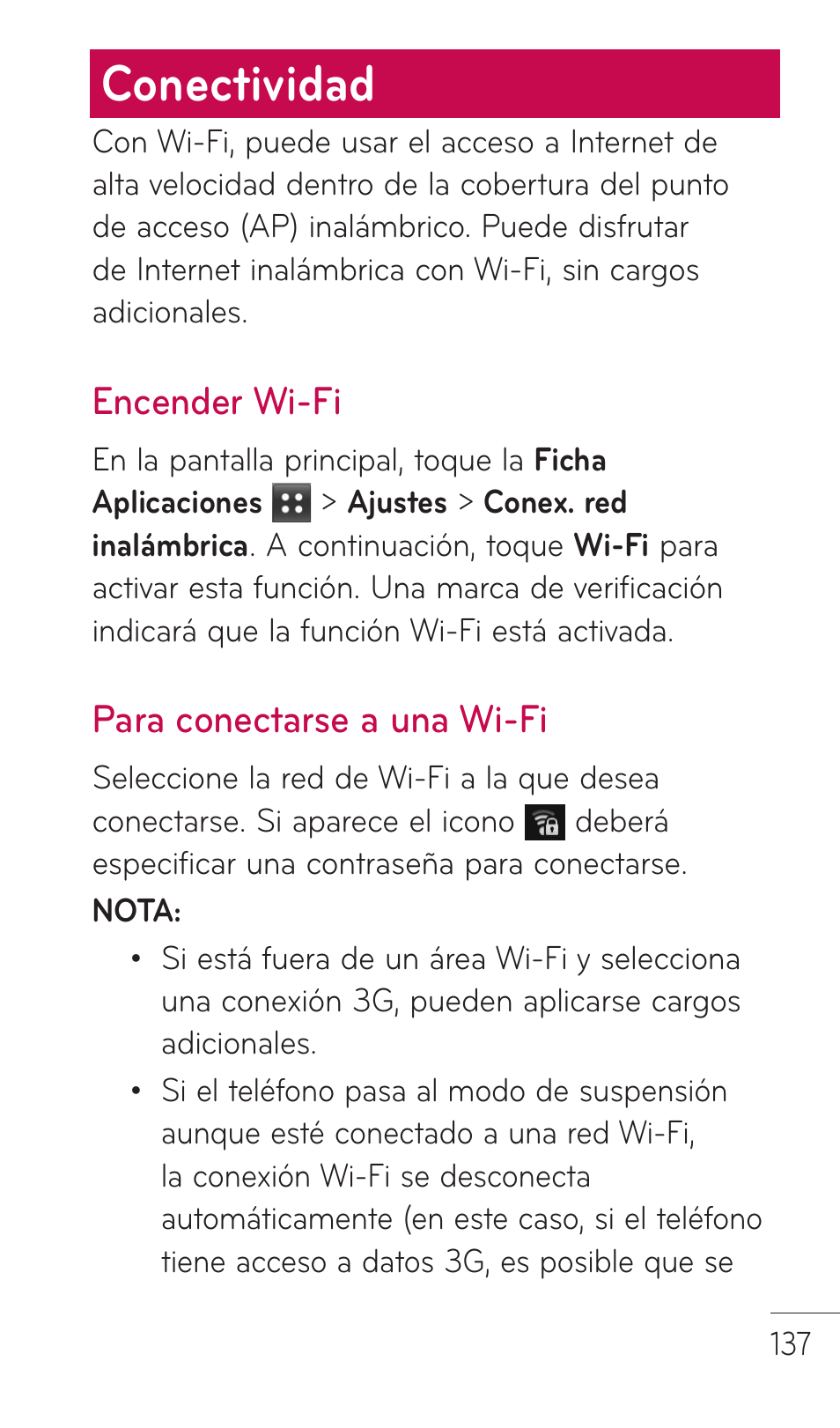 Conectividad, Encender wi-fi, Para conectarse a una wi-fi | LG C729 User Manual | Page 333 / 412