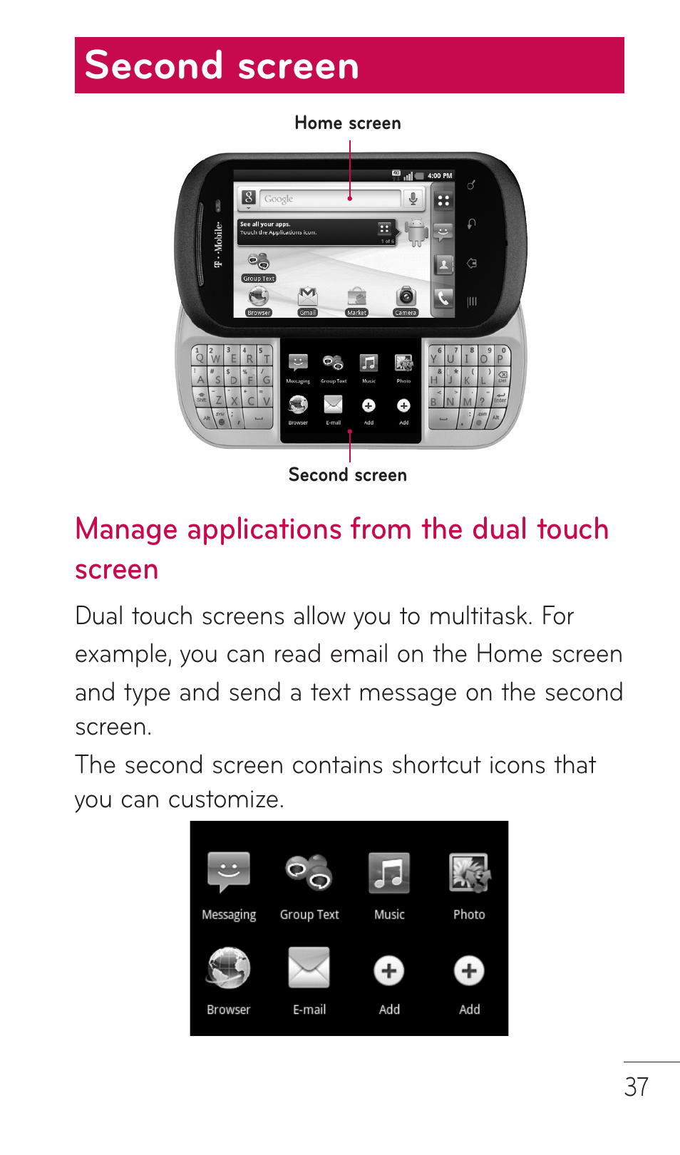Second screen, Manage applications from the dual touch screen | LG C729 User Manual | Page 37 / 412