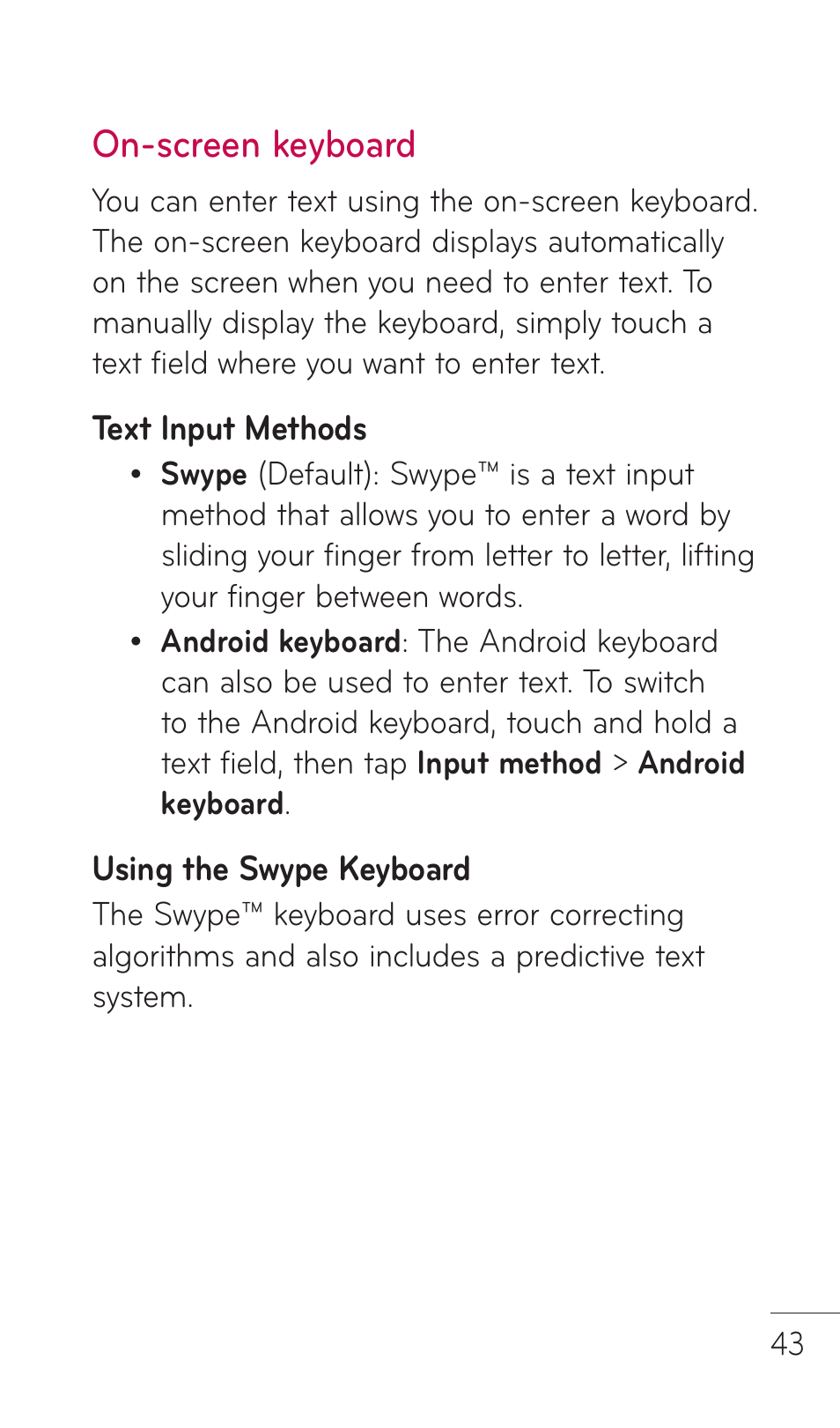 On-screen keyboard | LG C729 User Manual | Page 43 / 412