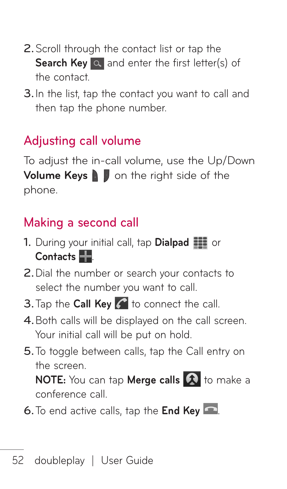 Adjusting call volume, Making a second call | LG C729 User Manual | Page 52 / 412