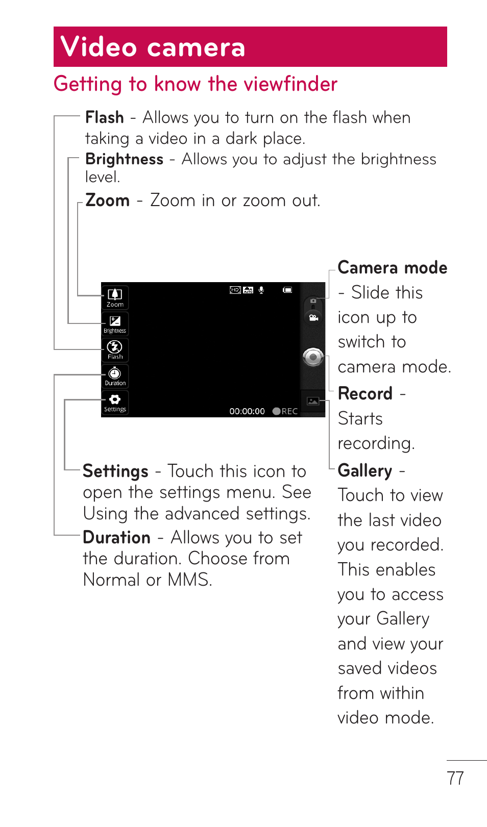 Video camera, Getting to know the viewfinder | LG C729 User Manual | Page 77 / 412