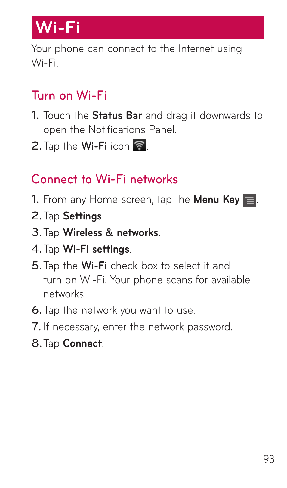 Wi-fi, Turn on wi-fi, Connect to wi-fi networks | LG C729 User Manual | Page 93 / 412