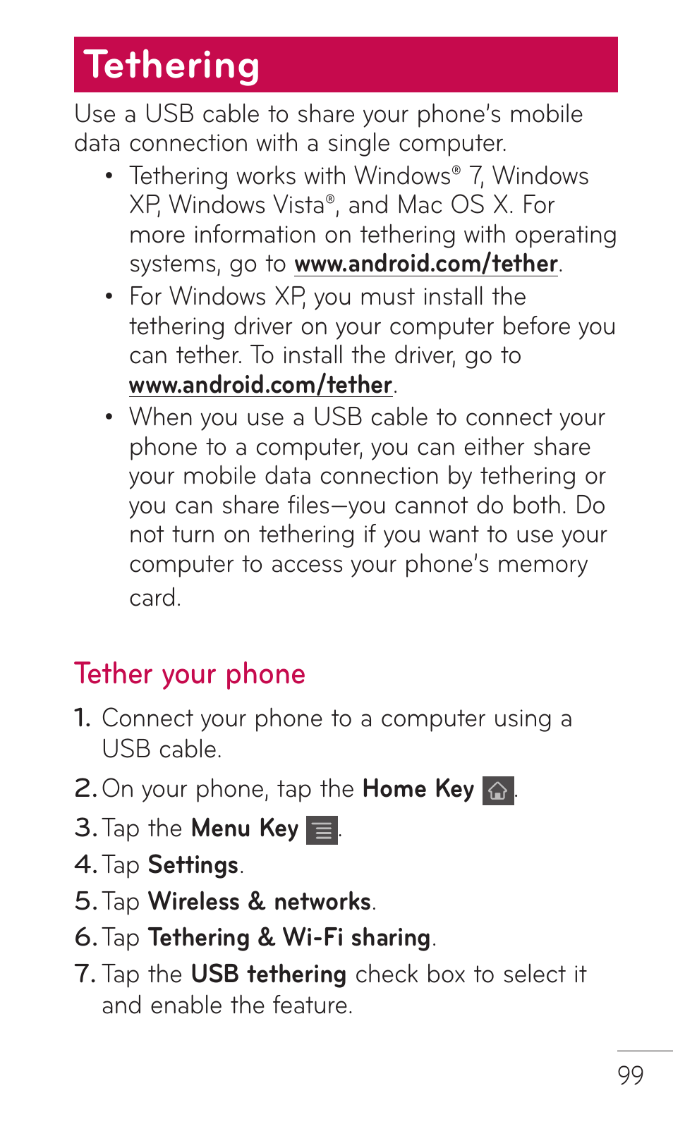 Tethering, Tether your phone | LG C729 User Manual | Page 99 / 412