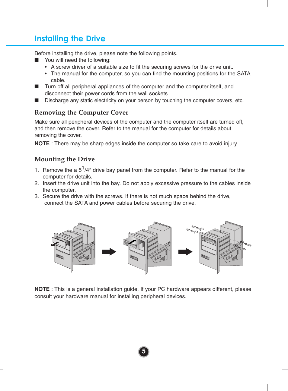 Installing the drive, Removing the computer cover, Mounting the drive | LG CH08LS10 User Manual | Page 8 / 15