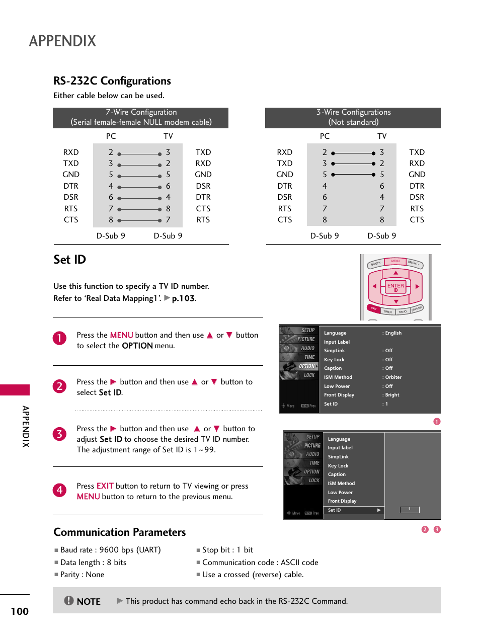 Set id, Rs-232c configurations, Communication parameters | Appendix, Press the m meen nu u button and then use, Button and then use, Button to select sseett iid d. press the, Baud rate : 9600 bps (uart), Data length : 8 bits, Parity : none | LG 47LC7DF User Manual | Page 102 / 122