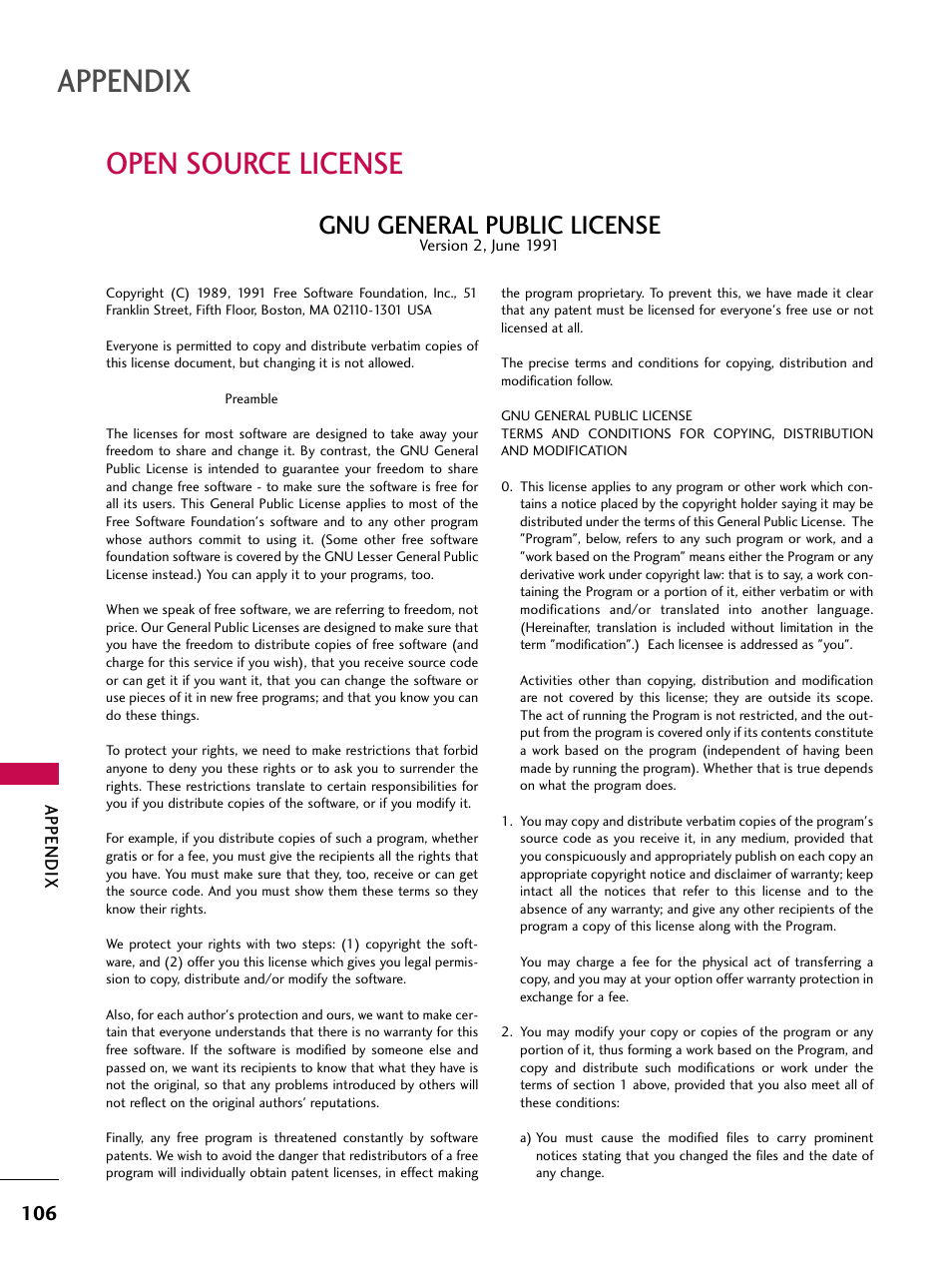 Open source license, Appendix, Gnu general public license | LG 47LC7DF User Manual | Page 108 / 122