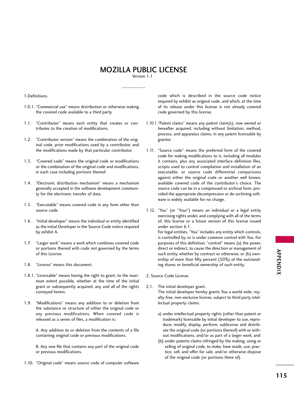 Mozilla public license, Appendix | LG 47LC7DF User Manual | Page 117 / 122
