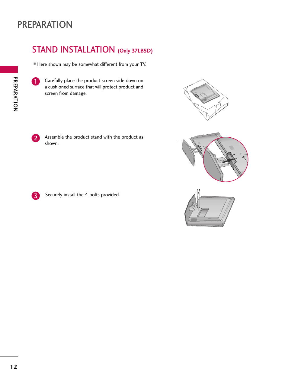 Stand installation (only 37lb5d), Preparation, Stand installation | LG 47LC7DF User Manual | Page 14 / 122